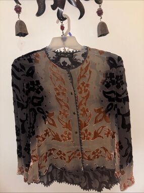 MARIAN CLAYDEN Button-Front Blouse in Black and Brown VINTAGE M